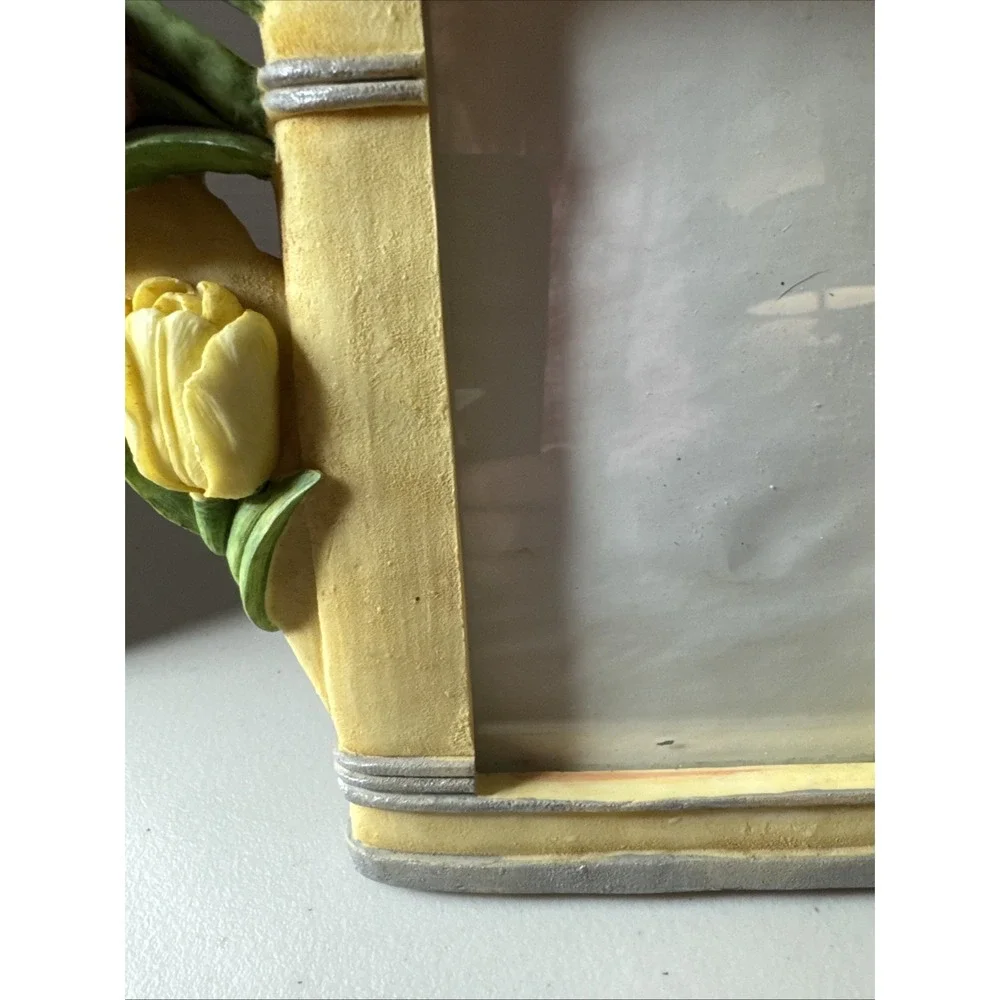 VTG WATERING CAN GARDENING TOOLS PINK TULIPS PICTURE PHOTO FRAME CERAMIC POTTERY